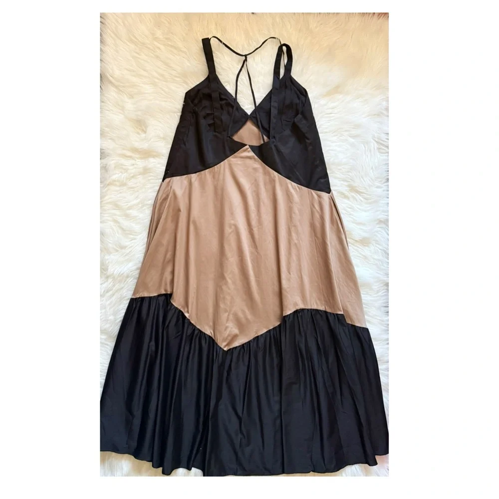 New! REISS LONDON “Natalie” Colorblock Tiered Midi Dress in Taupe and Black - Picture 9 of 11